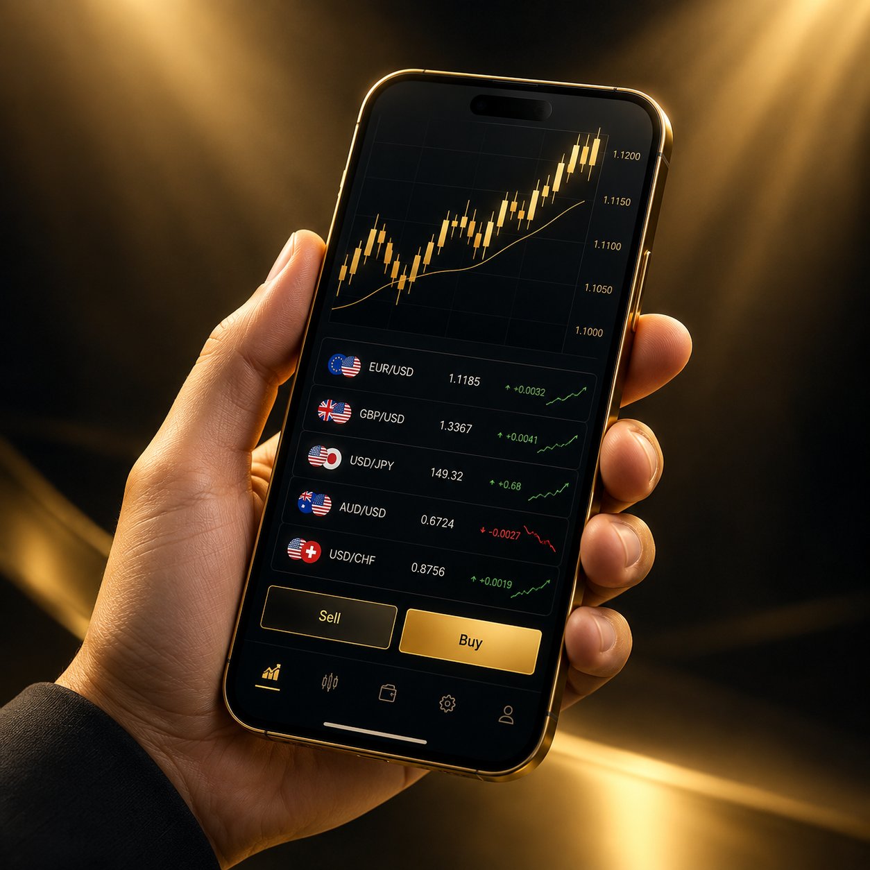 Smartphone showing a clean forex trading interface held in hand